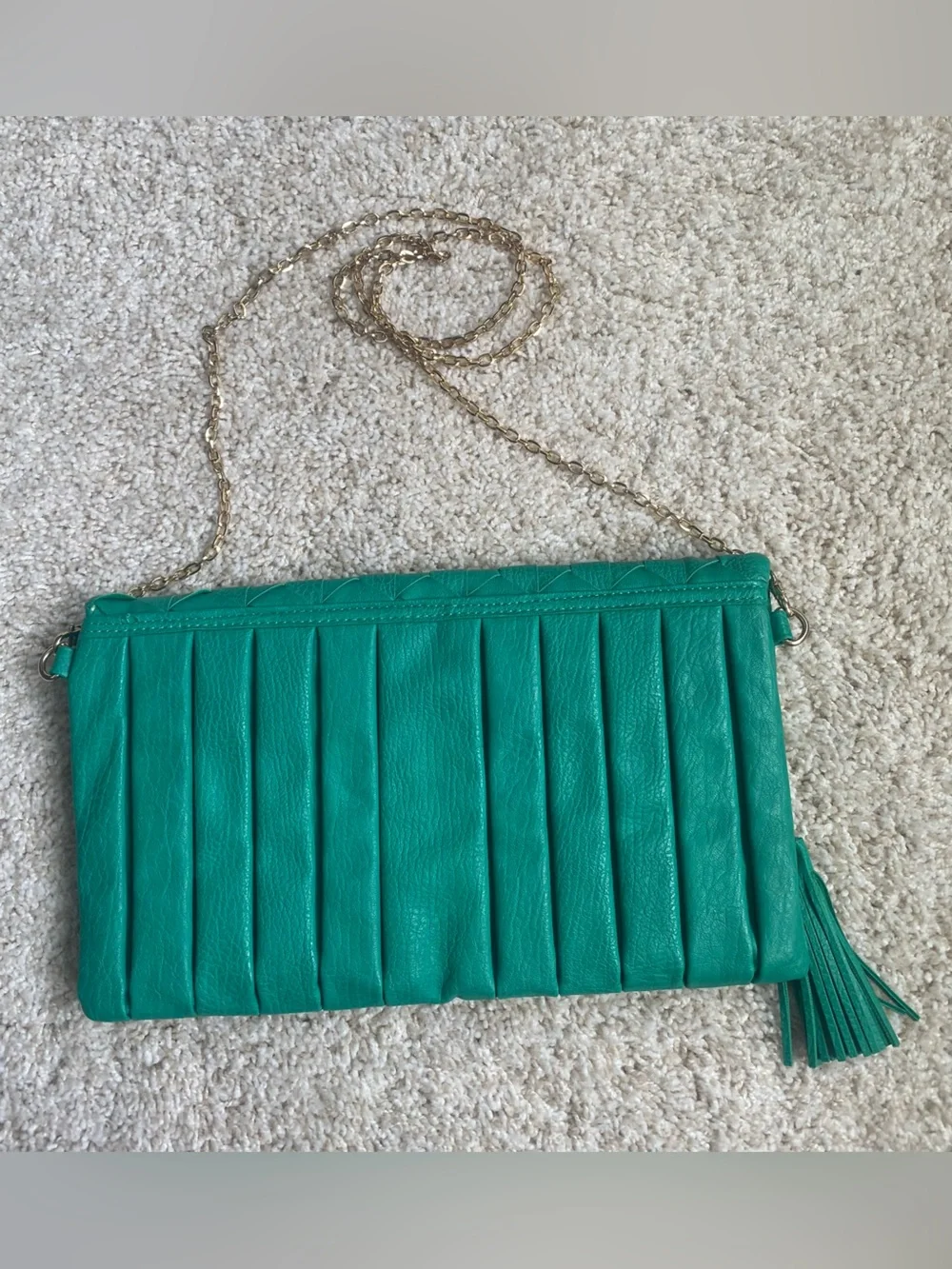 Fold-Over Tassel Clutch with Gold Chain crossbody